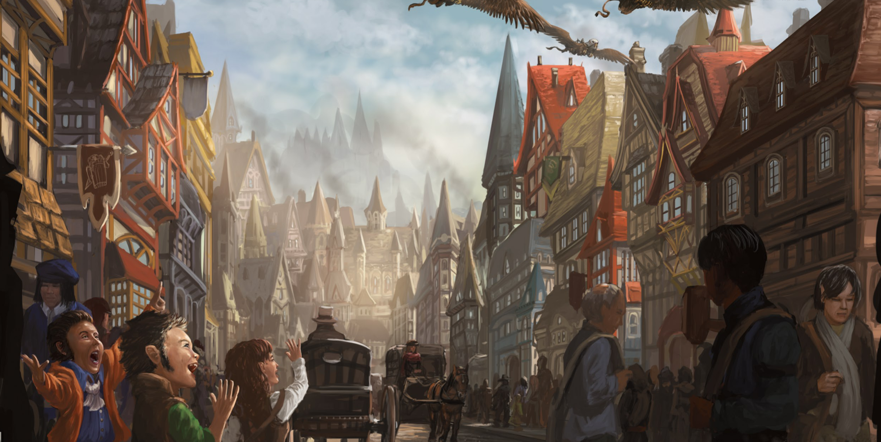 children cheer on the griffon calvary flying above the streets of waterdeep